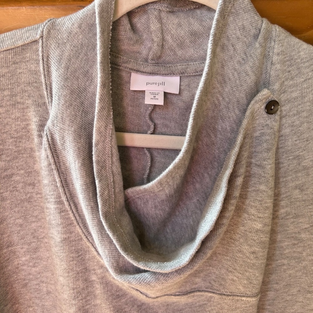 J. Jill Pure Jill Sweater Cardigan Cowl Neck Gray Wrap Top Cotton Blend Petite M - Picture 2 of 9